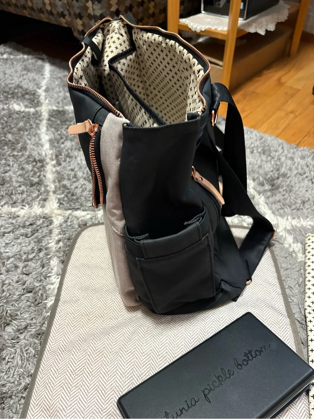 Stylish Black and Tan Petunia Pickle Bottom Diaper Bag with Rose Gold Accents